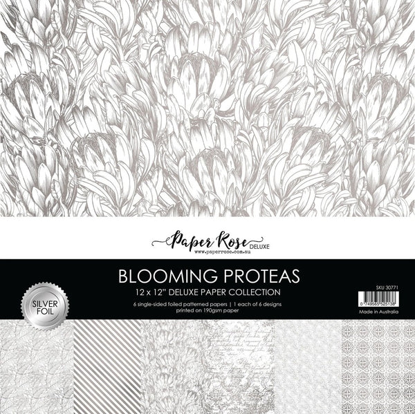 Paper Rose, 12"X12" Deluxe Paper Collection, Blooming Proteas, Silver Foil