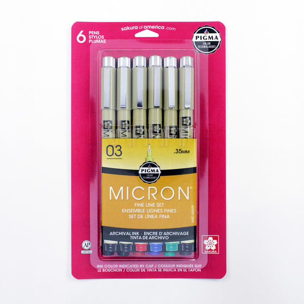 Sakura Pigma Micron Pens 03 .35mm 6/Pkg, Black, Blue, Red, Green, Sepia
