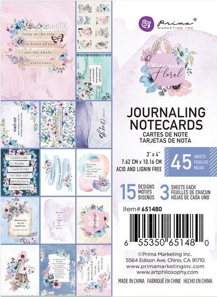 Prima, Watercolor Floral Journaling Cards 3"X4" 45/Pkg, 15 Designs/3 Each
