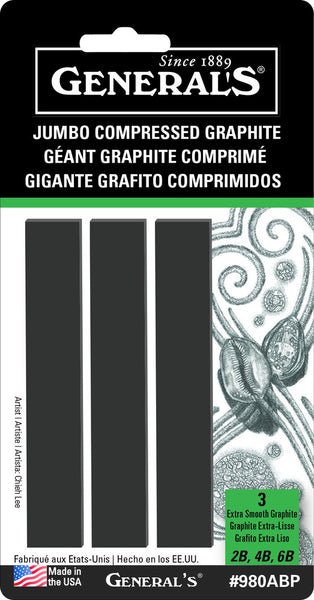 General's Jumbo Compressed Graphite Rectangular Sticks, 3/Pkg, Black - 2B, 4B & 6B