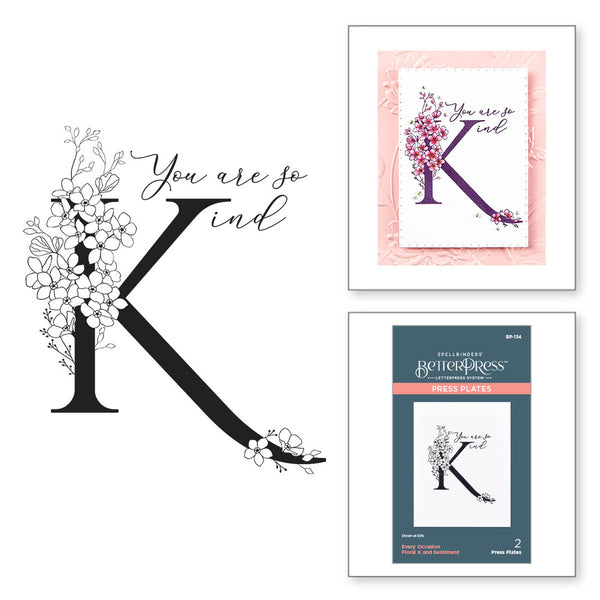 Spellbinders BetterPress Letterpress System Press Plates, Floral Alphabet - Floral K and Sentiment (BP-134)