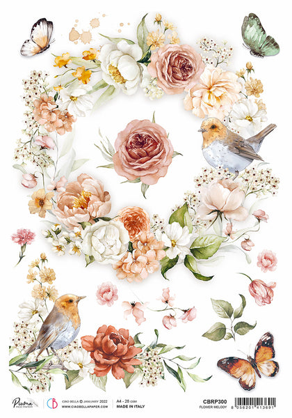 Ciao Bella A4 Piuma Rice Paper, Flower Melody