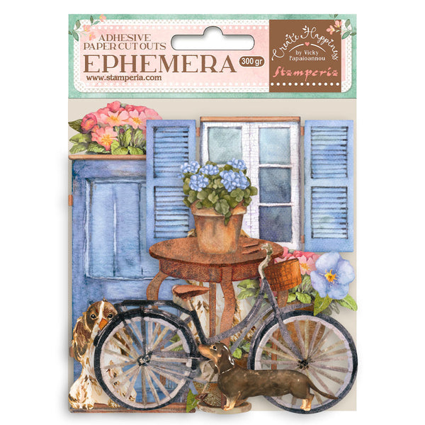 Stamperia Cardstock Ephemera Adhesive Paper Cut Outs, Create Happiness Welcome Home Bicycle