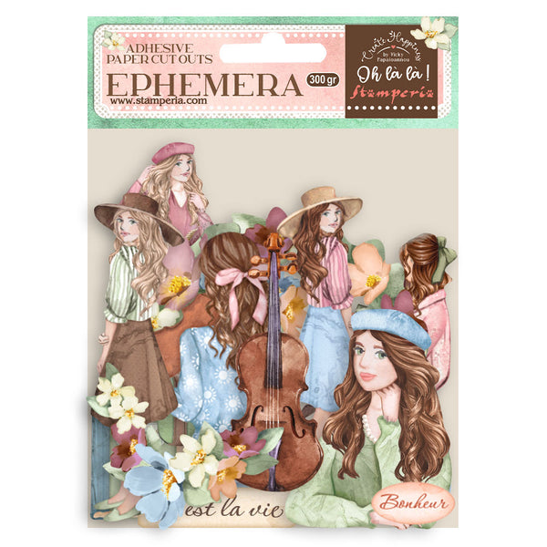 Stamperia Cardstock Ephemera Adhesive Paper Cut Outs, Oh La La - Girls & Flowers