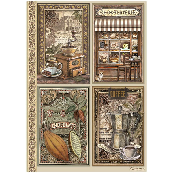 Stamperia, Rice Paper Sheet A4, Coffee And Chocolate 4 Cards