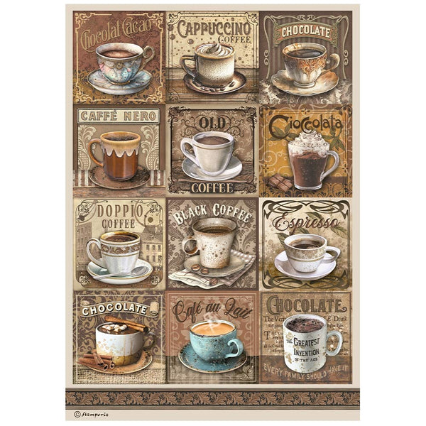 Stamperia, Rice Paper Sheet A4, Coffee And Chocolate Tags With Cups