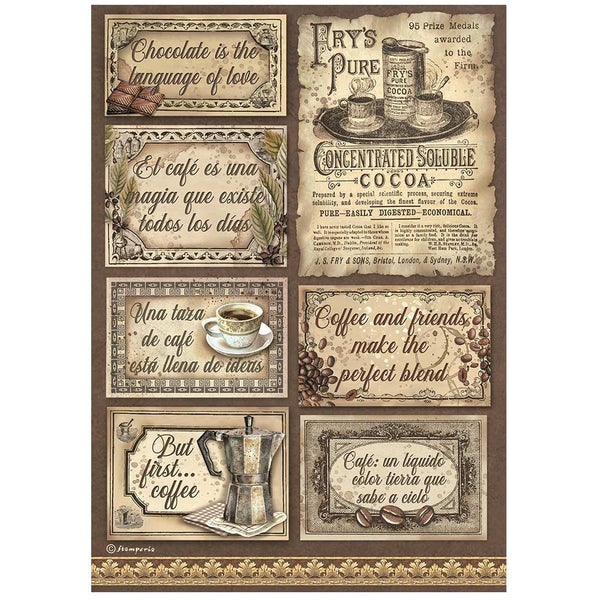 Stamperia, Rice Paper Sheet A4, Coffee And Chocolate labels