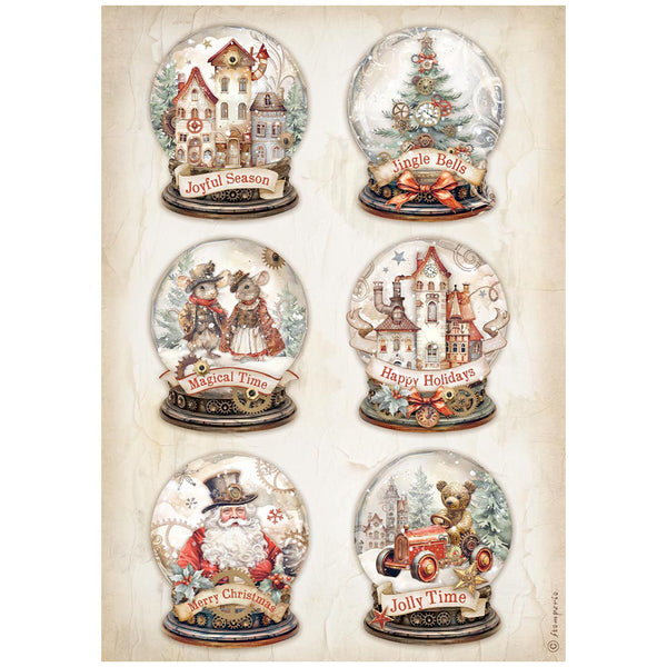 Stamperia, Rice Paper Sheet A4, Gear Up For Christmas, Snowglobes