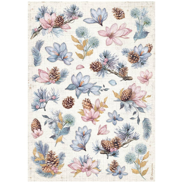 Stamperia, Rice Paper Sheet A4, Create Happiness, Dewdrops, Pinecones And Flowers