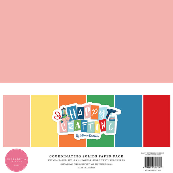 Carta Bella Double-Sided Solid Cardstock 12"X12" 6/Pkg, Happy Crafting, 6 Colors