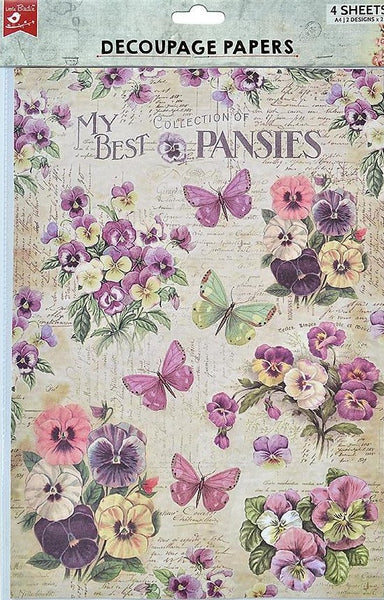 Little Birdie Decoupage Paper A4 4/Pkg, Pretty Pansies & Pancy Garden
