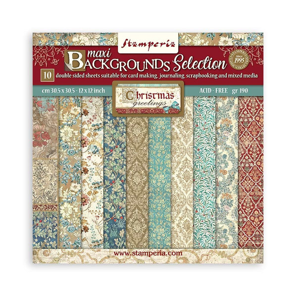 Stamperia Double-Sided Paper Pad 12"X12" 10/Pkg, Maxi Background Selection, Christmas Greetings
