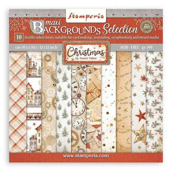 Stamperia, Backgrounds Double-Sided Paper Pad 12"X12" 10/Pkg, Gear Up For Christmas