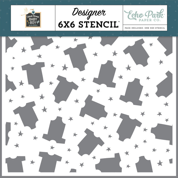 Echo Park Stencil 6"X6", Special Delivery Baby Boy, Cute Little Outfit