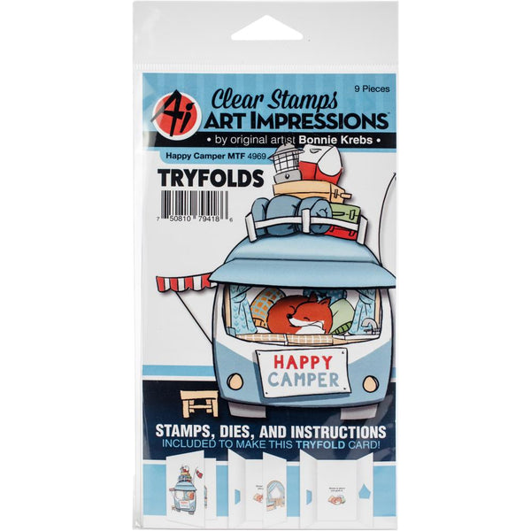 Art Impressions, Mini TryFolds Clear Stamp & Die Set, Happy Camper