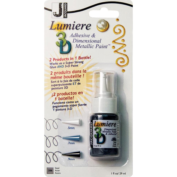 Jacquard, Lumiere 3D Adhesive & Dimensional Metallic Paint with Tips, 1oz, Steel