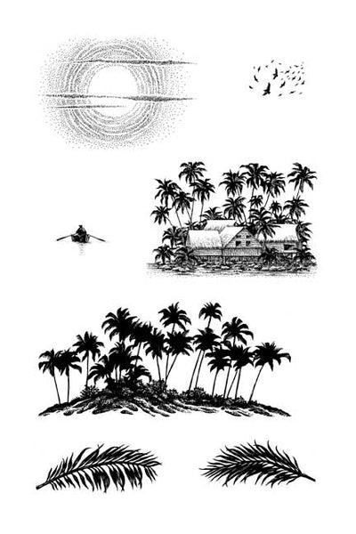 Stampscapes, Nature Sheet 11, Cling Mounted Stamps, Palms with Huts Small