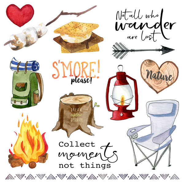 12"x12" National Park Watercolor Paper, Camping Things 1 Cut Out