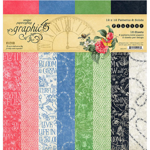 Graphic 45, Patterns/Solids Double-Sided Paper Pad 12"X12" 16/Pkg, Flutter, 8 Designs/2 Each