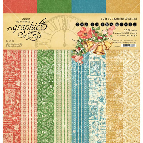Graphic 45, Patterns & Solids Double-Sided Paper Pad 12"X12" 16/Pkg, Joy To The World, 8 Designs/2 Each