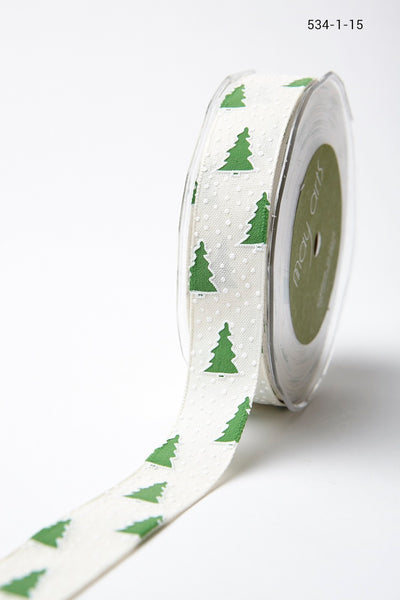 1 Inch Linen Holiday Print Ribbon, Tree - Scrapbooking Fairies