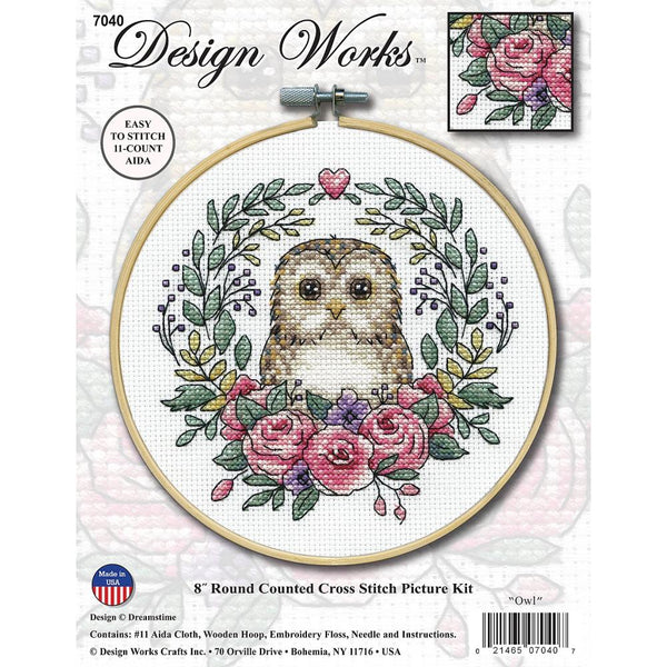 Design Works Crafts, Counted Cross Stitch Kit 8" Round, Owl (11 Count)