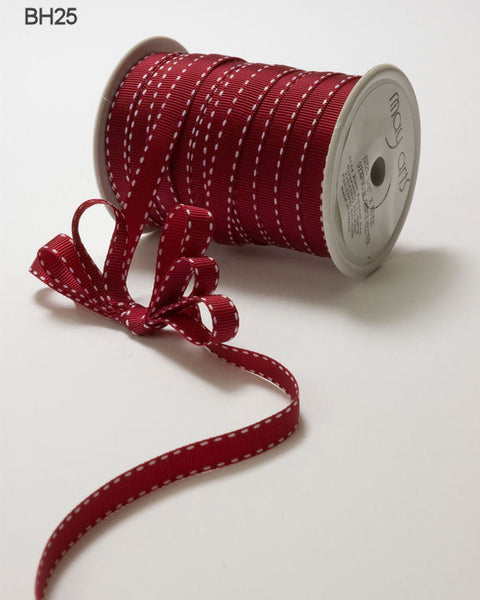 3/8 Inch Grosgrain Stitched Edge Ribbon, Burgundy/White Stitch - Scrapbooking Fairies