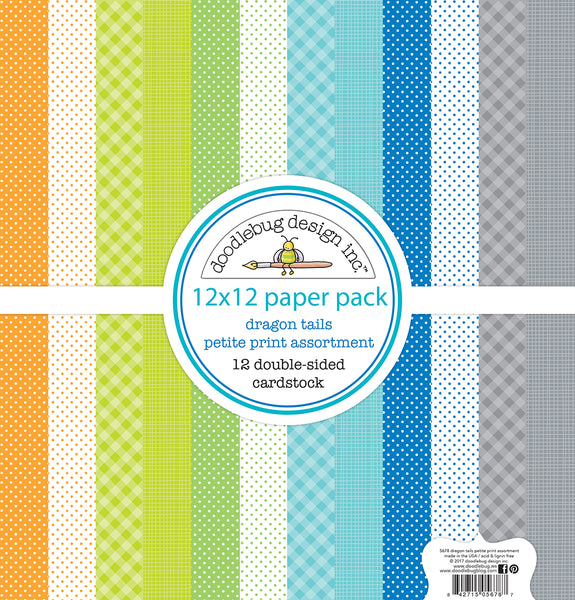 Doodlebug Design, Petite Prints Double-Sided Cardstock 12"X12" 12/Pk, Dragon Tails, 12 Designs/1 Each