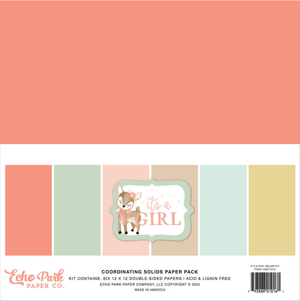 Echo Park Double-Sided Solid Cardstock 12"X12" 6/Pkg, It's A Girl, 6 Colors