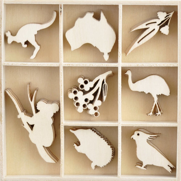 Kaisercraft Wood Mini Themed Embellishments, Under The Gum Leaves, 40/Pkg