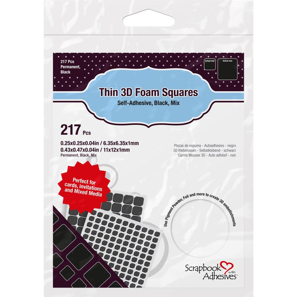 3L Scrapbook Adhesives Thin 3D Adhesive Foam Squares 217/Pkg, Black (63) .43"X.47" & (154) .25"X.25" (01617)
