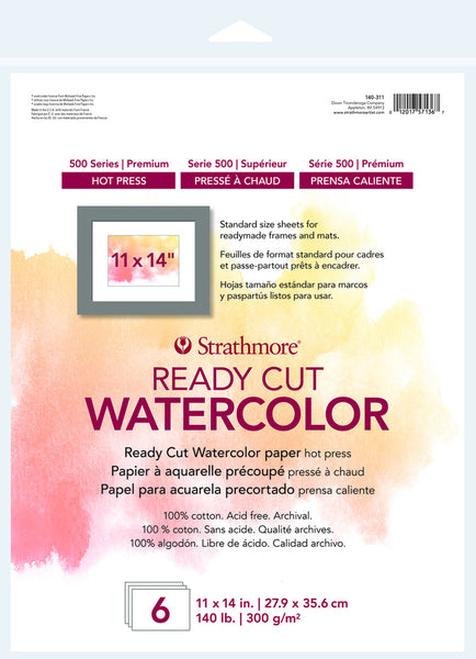 Strathmore, 500 Series Premium Ready Cut Watercolor Paper Pack 11"X14", 6 Sheets, Hot Press (140-311)