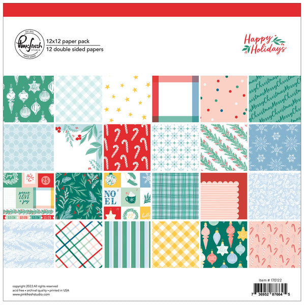 PinkFresh Studio, Double-Sided Paper Pack 12"X12" 12/Pkg, Happy Holidays, 12 Designs/1 Each