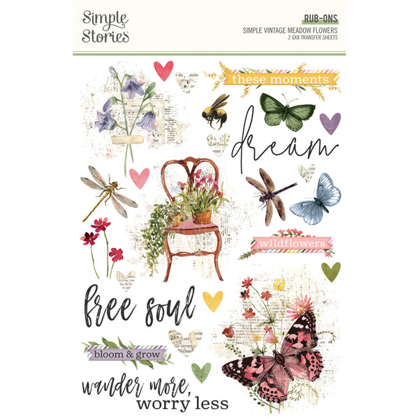 Simple Stories, Simple Vintage Meadow Flowers Rub-ons, 6"X8"