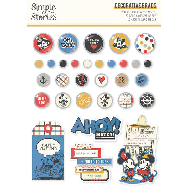 Simple Stories, Say Cheese Classic Mouse Decorative Brads, 27 Brads, 4 Chipboard (23425)
