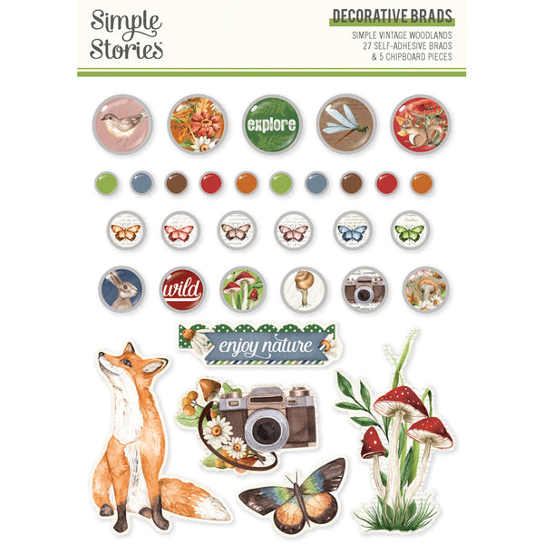 Simple Stories, Simple Vintage Woodlands Decorative Brads, 27 Brads, 5 Chipboard (24731)
