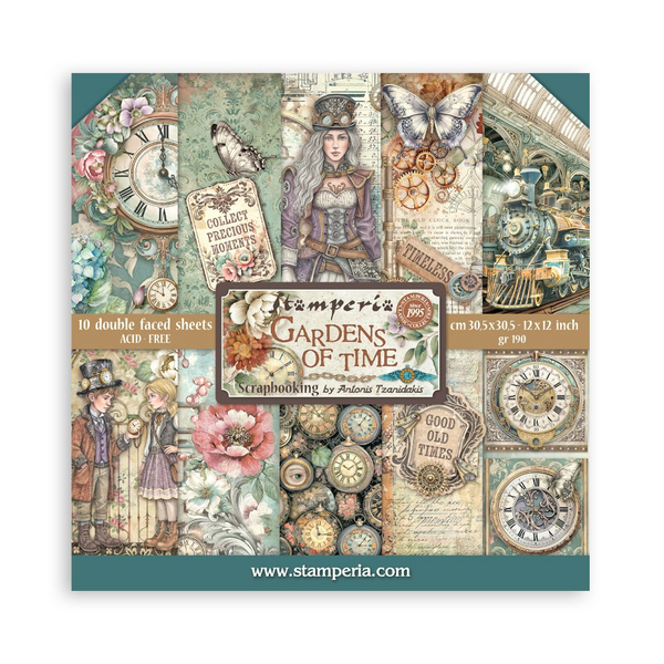 Stamperia, Scrapbooking Double-Sided Paper Pad 12"x12" 10/Pkg, Gardens of Time (SBBL185)
