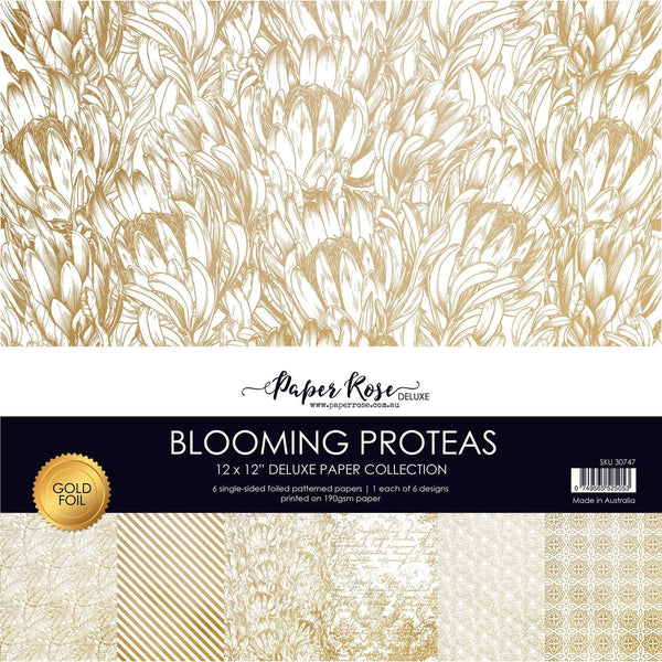 Paper Rose, 12"X12" Deluxe Paper Collection, Blooming Proteas, Gold Foil