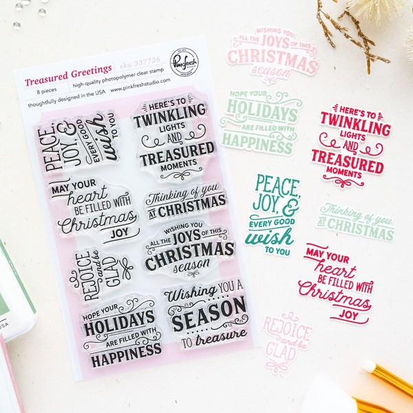 Pinkfresh Studio Clear Stamp Set 4"X6" & Dies Combo, Treasured Greetings (337726 & 337826)