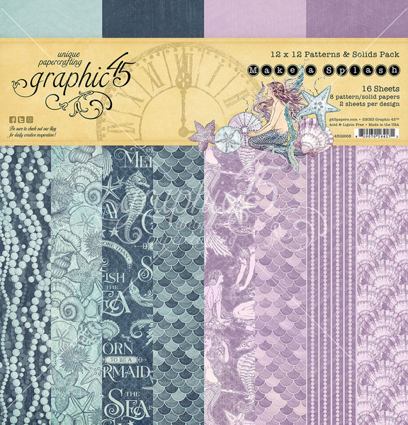 Graphic 45, Patterns & Solids Double-Sided Paper Pad 12"X12" 16/Pkg, Make A Splash Patterns/Solid