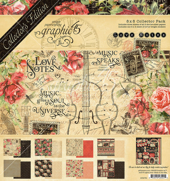 Graphic 45 Collector's Edition Pack 8"X8", Love Notes w/Stickers Sheet