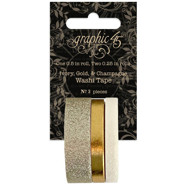 Graphic 45 Staples Glitter & Gloss Washi Tape Set, Ivory, Gold & Champagne (4502826)