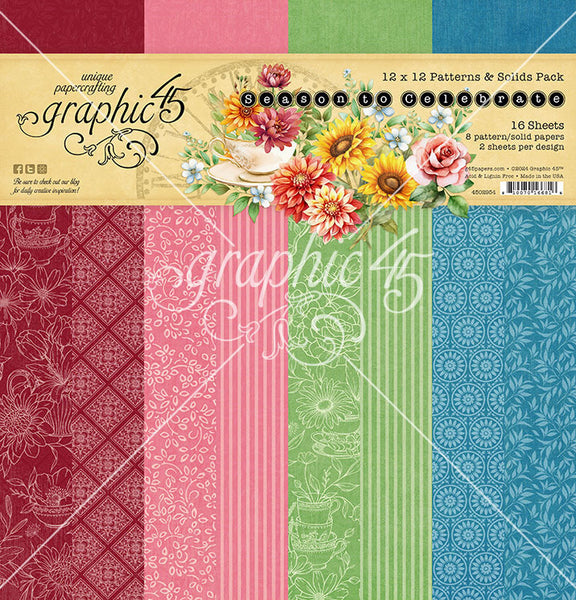 Graphic 45 Collection Pack 12"X12", Patterns & Solids, Season To Celebrate (#4502954)