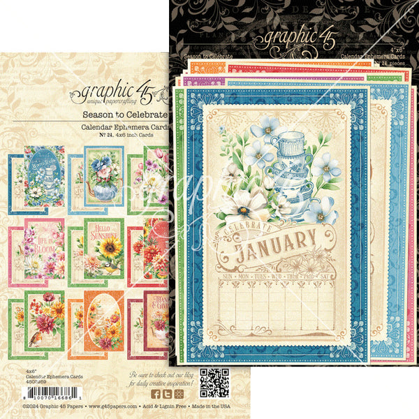 Graphic 45 Ephemera Card Set, Calendar, Season To Celebrate, 24/PKG