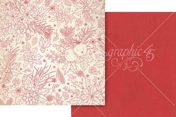Graphic 45, Deck The Halls, Double-Sided Cardstock 12"X12", Poinsettia Red Pattern & Solid Sheet (4503089)