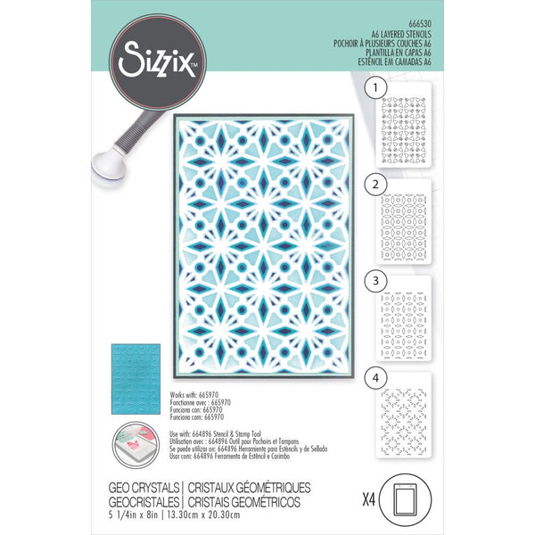 Sizzix A6 Layered Stencils 4/Pkg, Geo Crystals