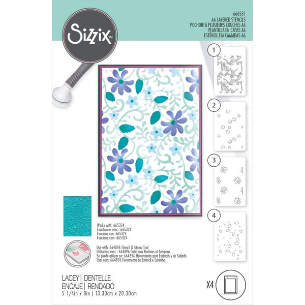 Sizzix A6 Layered Stencils By Kath Breen 4/Pkg, Lacey