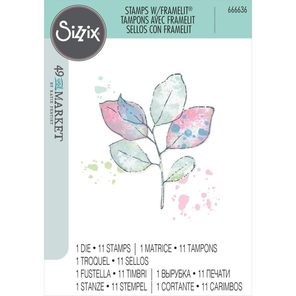 Sizzix Framelits Die & A5 Stamp Set By 49 & Market, Painted Pencil Leaves. 12/pkg