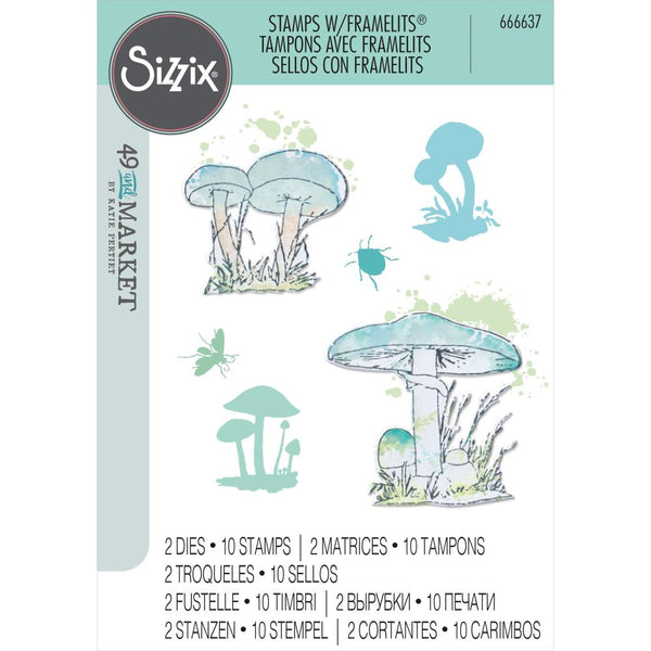 Sizzix Framelits Die & A5 Stamp Set By 49 & Market, Painted Pencil Mushrooms, 12/Pkg