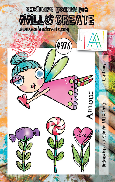 AALL & Create, #976 - A7 Clear Stamp Set, Love Grows, Designed by Janet Klein